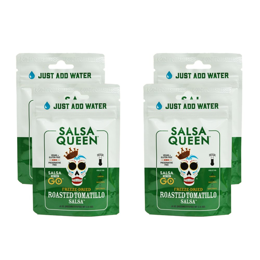 Salsa Queen Gourmet Freeze-Dried Roasted Tomatillo Salsa | Fresh Ingredients | 3+ year life | No Refrigeration Needed | Vegan, Keto, and Gluten Free | Camping, Travel, Outdoors, Space Travel