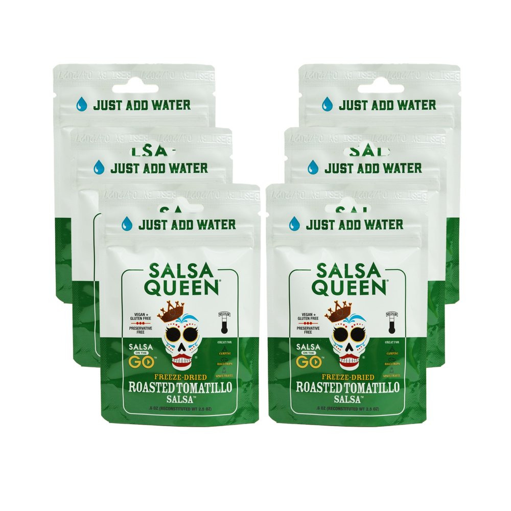 Salsa Queen Gourmet Freeze-Dried Roasted Tomatillo Salsa | Fresh Ingredients | 3+ year life | No Refrigeration Needed | Vegan, Keto, and Gluten Free | Camping, Travel, Outdoors, Space Travel