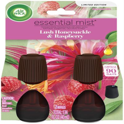 Air Wick Essential Mist Refill, 2 ct, Lush Honeysuckle & Raspberry, Essential Oils Diffuser, Air Freshener