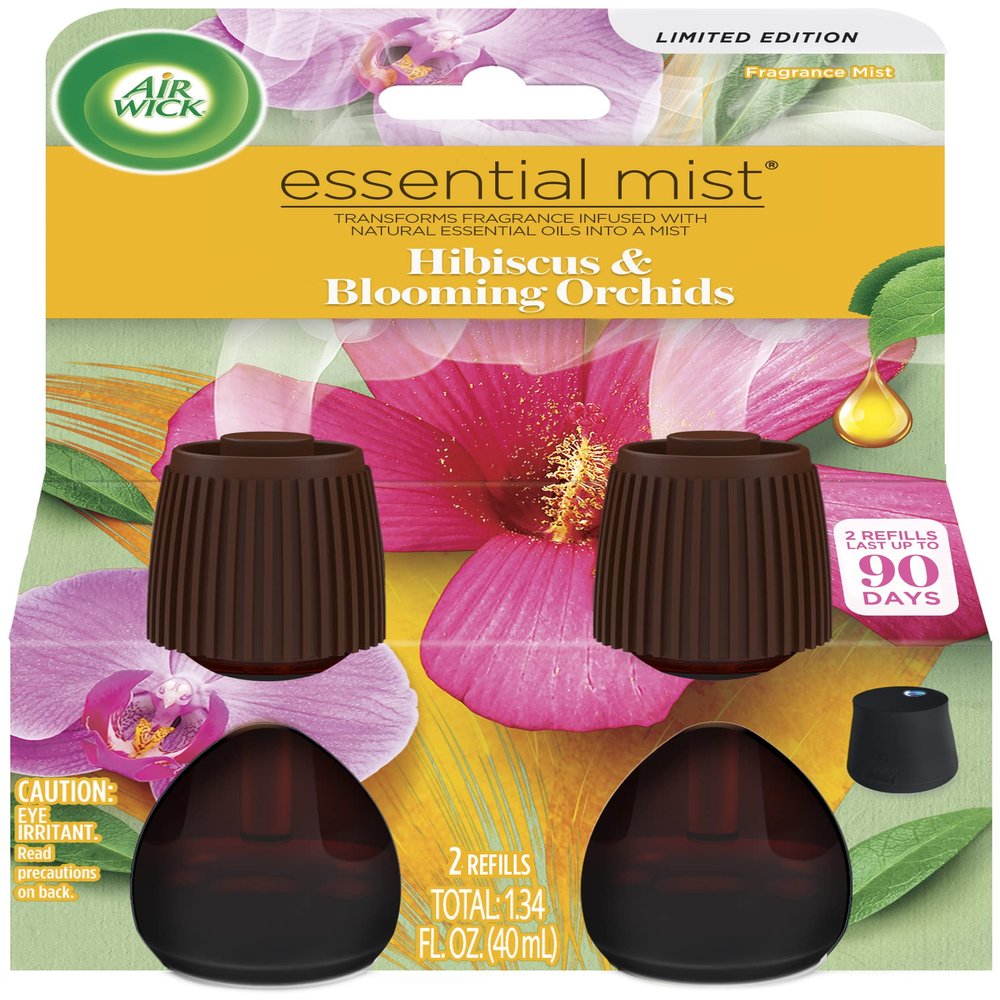 Air Wick Essential Mist Refill, 2 ct, Hibiscus & Blooming Orchids, Essential Oils Diffuser, Air Freshener, White, 1.34 Fl Oz