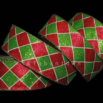 10 Yds Christmas Red Green White Glitter Diamond Harlequin Jester Wired Ribbon 1