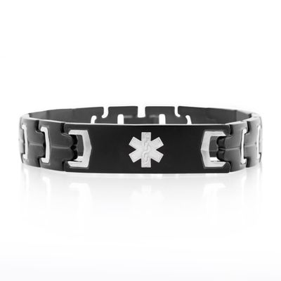Lauren's Hope Durable Steel Medical Alert ID Bracelet for Men and Women, Custom Engraved, Diabetes, Pacemaker, Heart Disease, Medical ID (7 inches, Black and Silver)