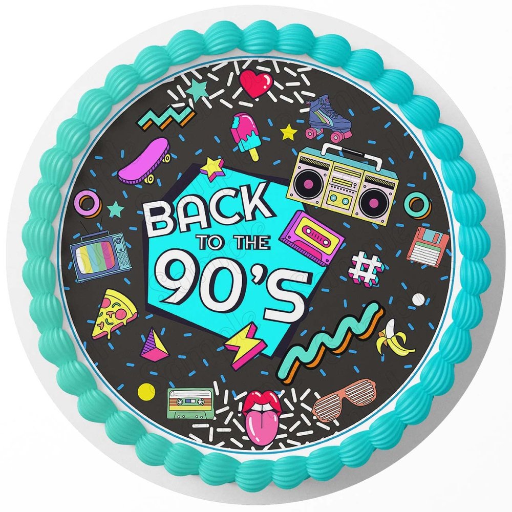Back To 90s Party Disco Retro Nostalgia Edible Cake Topper Image Personalized Birthday Sheet Party Decoration Round