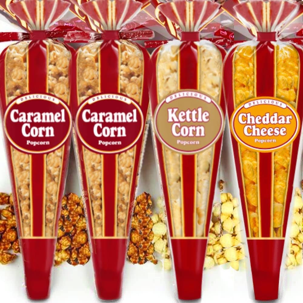 Gourmet Popcorn  Premium Pack of 4 Popcorn Mini Cones & Exclusive Inspirational Sticker! Small Storage Space Friendly & Great Stocking Stuffers!