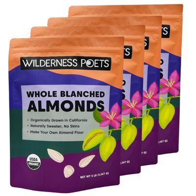 Wilderness Poets, Organic Blanched Almonds - Whole, California-Grown Almonds with No Skins, Unsalted - 5 Pound (Pack of 4)