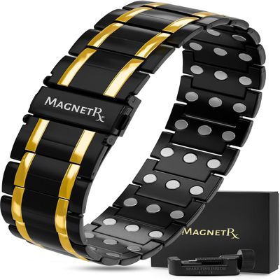 MagnetRX 3X Strength Titanium Magnetic Bracelet  Magnetic Bracelets for Men  Premium Fold-Over Clasp and Adjustable Length with Sizing Tool (Black/Gold)