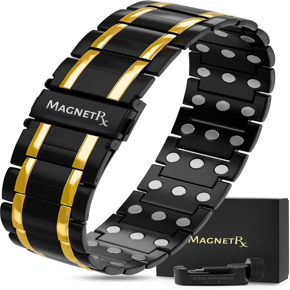 MagnetRX 3X Strength Titanium Magnetic Bracelet  Magnetic Bracelets for Men  Premium Fold-Over Clasp and Adjustable Length with Sizing Tool (Black/Gold)