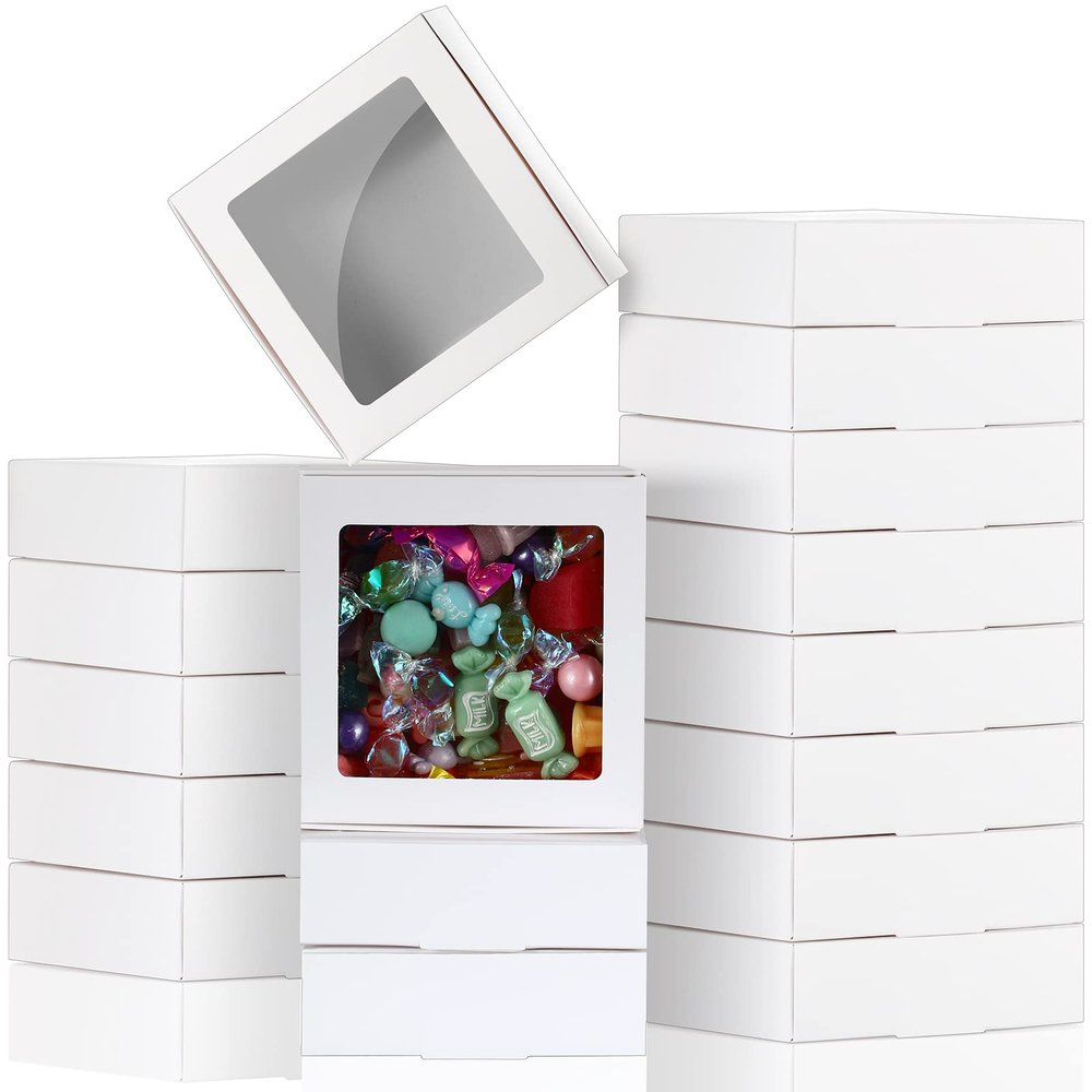 Zonon 30 Kraft Paper Boxes with Window 4.13 x 4.13 x 1.18 Inch Candy Packaging, Small Gift Boxes, Soap holder, Mini Treat Packaging for Bakery Chocolate Jewelry Display(White)