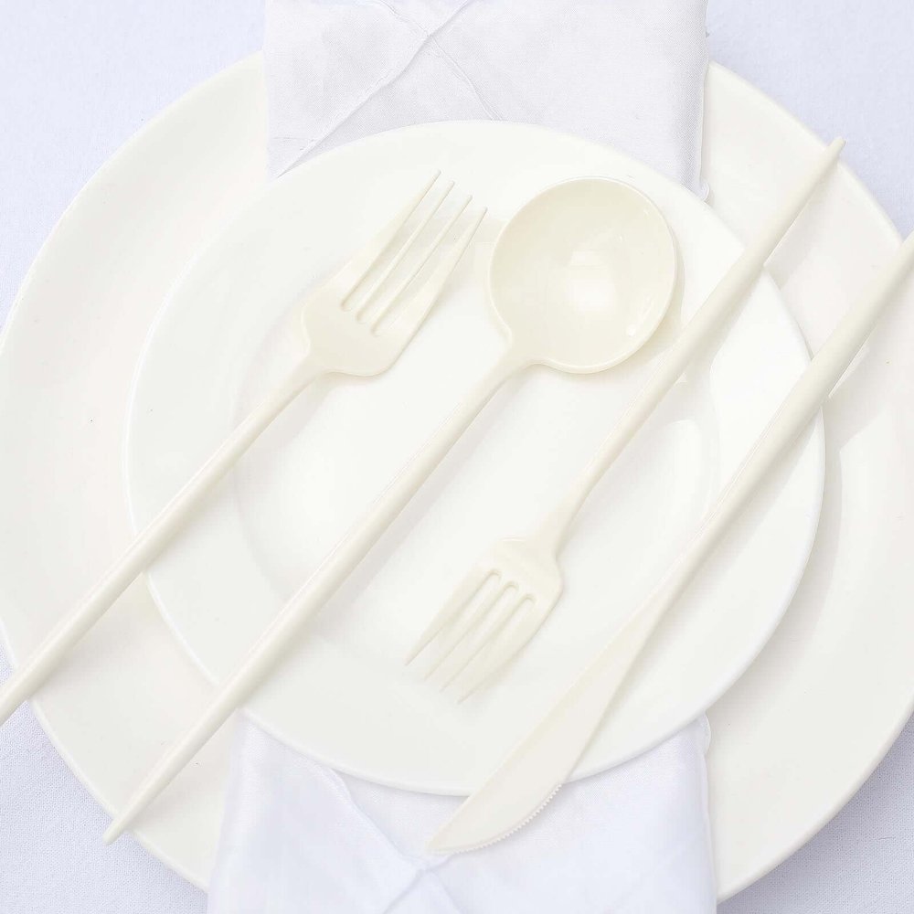 Efavormart 50 Pack | Ivory Heavy Duty Plastic Utensil Set, Premium Disposable Sleek Cutlery Flatware
