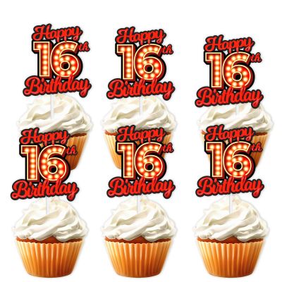 18pcs Happy 16th Birthday Dessert Cupcake Topper Fluorescent Flashing Night Out Hen Movie Nightclub Theme Decor Supplies Boy Girl Happy Birthday Party Decorations Red Glitter
