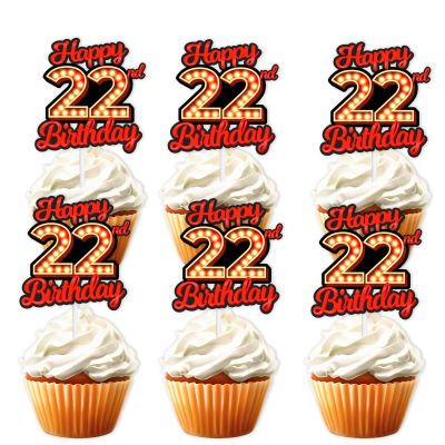 18pcs Happy 22nd Birthday Dessert Cupcake Topper Fluorescent Flashing Night Out Hen Movie Nightclub Theme Decor Supplies Boy Girl Happy Birthday Party Decorations Red Glitter