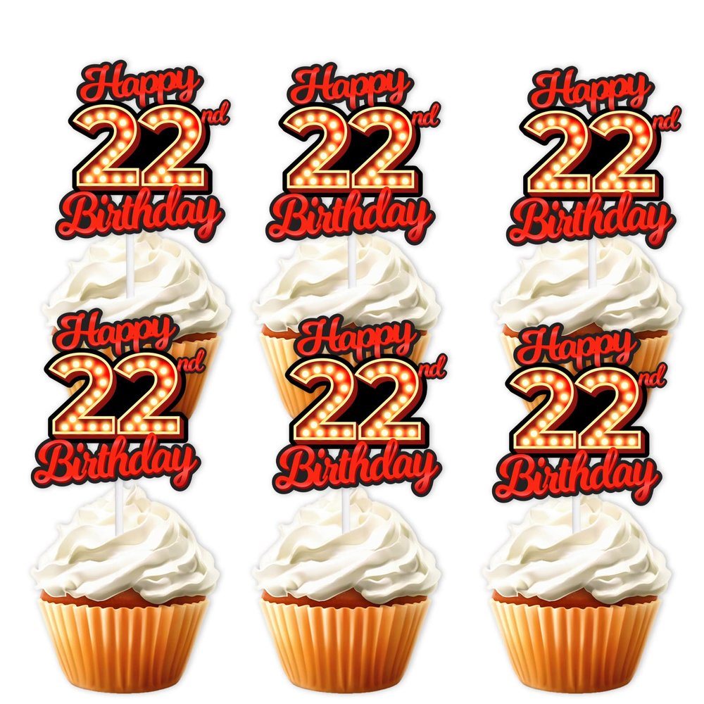 18pcs Happy 22nd Birthday Dessert Cupcake Topper Fluorescent Flashing Night Out Hen Movie Nightclub Theme Decor Supplies Boy Girl Happy Birthday Party Decorations Red Glitter
