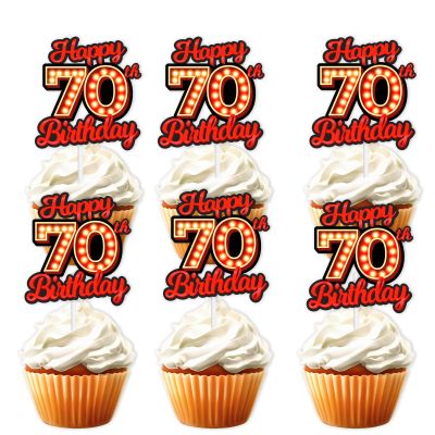18pcs Happy 70th Birthday Dessert Cupcake Topper Fluorescent Flashing Night Out Hen Movie Nightclub Theme Decor Supplies Men Women Happy Birthday Party Decorations Red Glitter