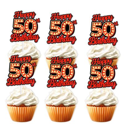18pcs Happy 50th Birthday Dessert Cupcake Topper Fluorescent Flashing Night Out Hen Movie Nightclub Theme Decor Supplies Men Women Happy Birthday Party Decorations Red Glitter