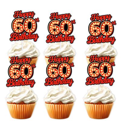 18pcs Happy 60th Birthday Dessert Cupcake Topper Fluorescent Flashing Night Out Hen Movie Nightclub Theme Decor Supplies Men Women Happy Birthday Party Decorations Red Glitter