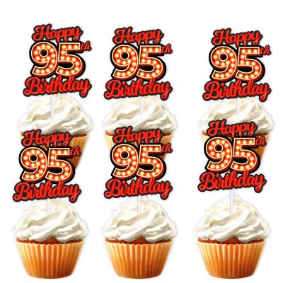18pcs Happy 95th Birthday Dessert Cupcake Topper Fluorescent Flashing Night Out Hen Movie Nightclub Theme Decor Supplies Men Women Happy Birthday Party Decorations Red Glitter