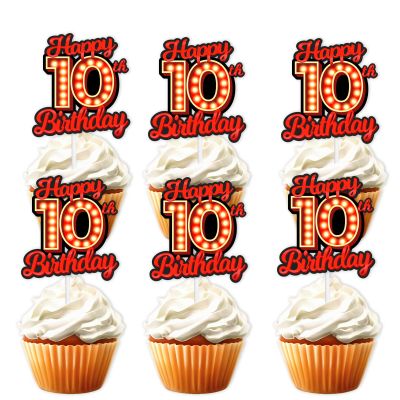 18pcs Happy 10th Birthday Dessert Cupcake Topper Fluorescent Flashing Night Out Hen Movie Nightclub Theme Decor Supplies Boy Girl Happy Birthday Party Decorations Red Glitter