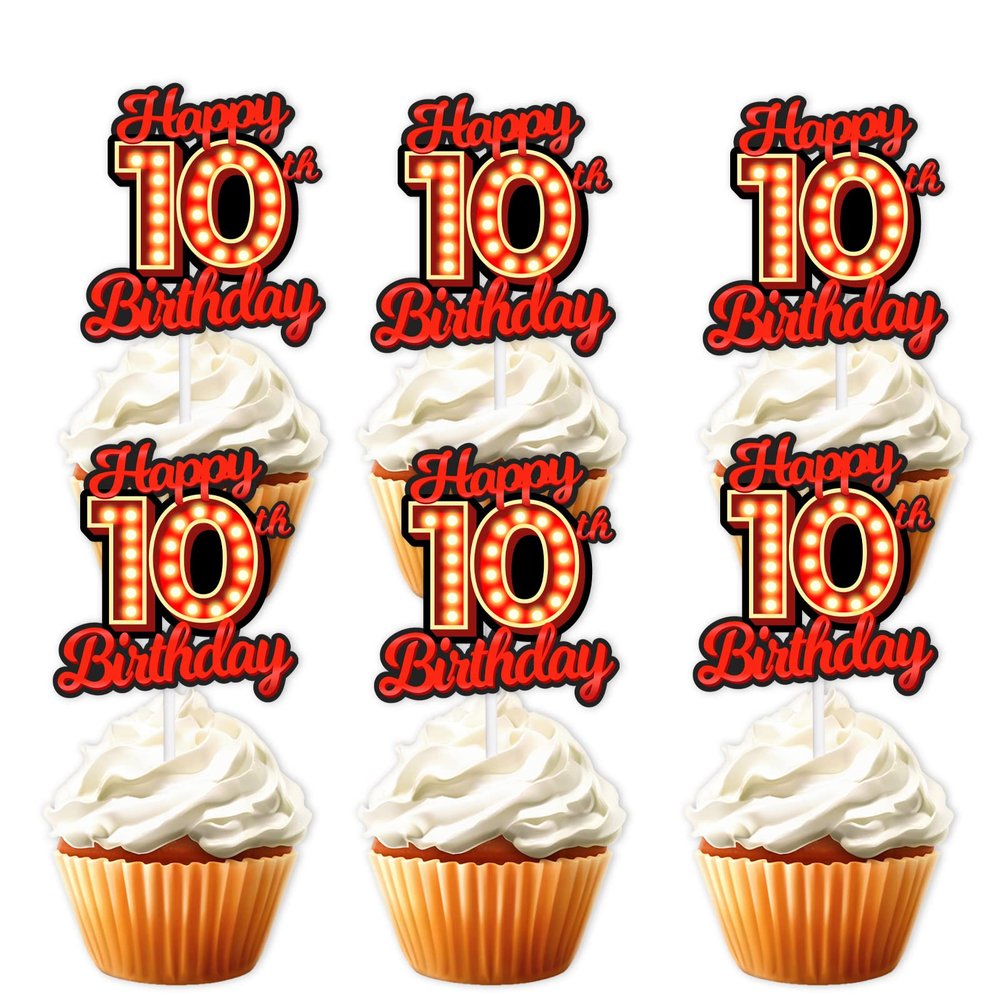 18pcs Happy 10th Birthday Dessert Cupcake Topper Fluorescent Flashing Night Out Hen Movie Nightclub Theme Decor Supplies Boy Girl Happy Birthday Party Decorations Red Glitter
