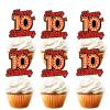18pcs Happy 10th Birthday Dessert Cupcake Topper Fluorescent Flashing Night Out Hen Movie Nightclub Theme Decor Supplies Boy Girl Happy Birthday Party Decorations Red Glitter view 1