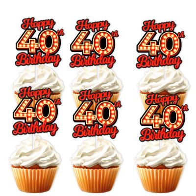 18pcs Happy 40th Birthday Dessert Cupcake Topper Fluorescent Flashing Night Out Hen Movie Nightclub Theme Decor Supplies Men Women Happy Birthday Party Decorations Red Glitter
