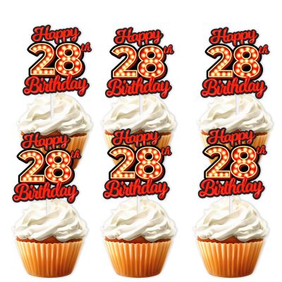 18pcs Happy 28th Birthday Dessert Cupcake Topper Fluorescent Flashing Night Out Hen Movie Nightclub Theme Decor Supplies Men Women Happy Birthday Party Decorations Red Glitter