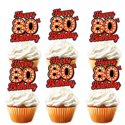 18pcs Happy 80th Birthday Dessert Cupcake Topper Fluorescent Flashing Night Out Hen Movie Nightclub Theme Decor Supplies Men Women Happy Birthday Party Decorations Red Glitter