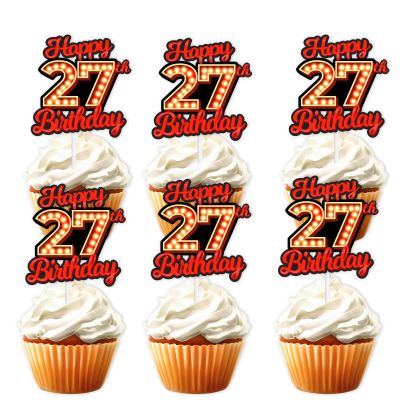 18pcs Happy 27th Birthday Dessert Cupcake Topper Fluorescent Flashing Night Out Hen Movie Nightclub Theme Decor Supplies Men Women Happy Birthday Party Decorations Red Glitter