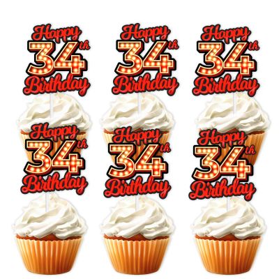 18pcs Happy 34th Birthday Dessert Cupcake Topper Fluorescent Flashing Night Out Hen Movie Nightclub Theme Decor Supplies Men Women Happy Birthday Party Decorations Red Glitter