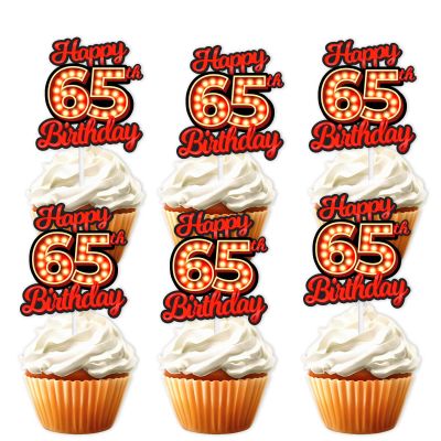 18pcs Happy 65th Birthday Dessert Cupcake Topper Fluorescent Flashing Night Out Hen Movie Nightclub Theme Decor Supplies Men Women Happy Birthday Party Decorations Red Glitter
