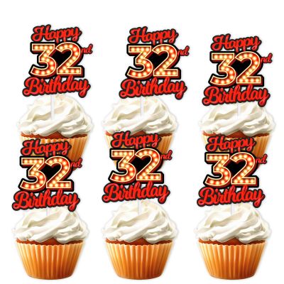 18pcs Happy 32nd Birthday Dessert Cupcake Topper Fluorescent Flashing Night Out Hen Movie Nightclub Theme Decor Supplies Men Women Happy Birthday Party Decorations Red Glitter
