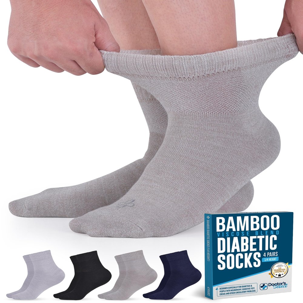 Doctor's Select Bamboo Viscose Diabetic Socks for Women & Men (4 Pairs) | Ankle Neuropathy Socks | Light Blue, Blue, Purple, Pink | Non Binding Moisture Wicking Womens Diabetic Socks Size 9-11