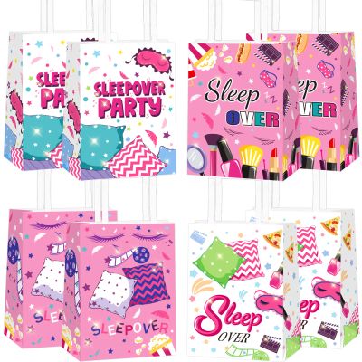 12pcs Sleepover Party Decorations Supplies Sleepover Theme Paper Gift Candy Goodie Treat Bags Slumber Glamper Pajama Pink Party Essentials Favor Bags with Handle for Girls