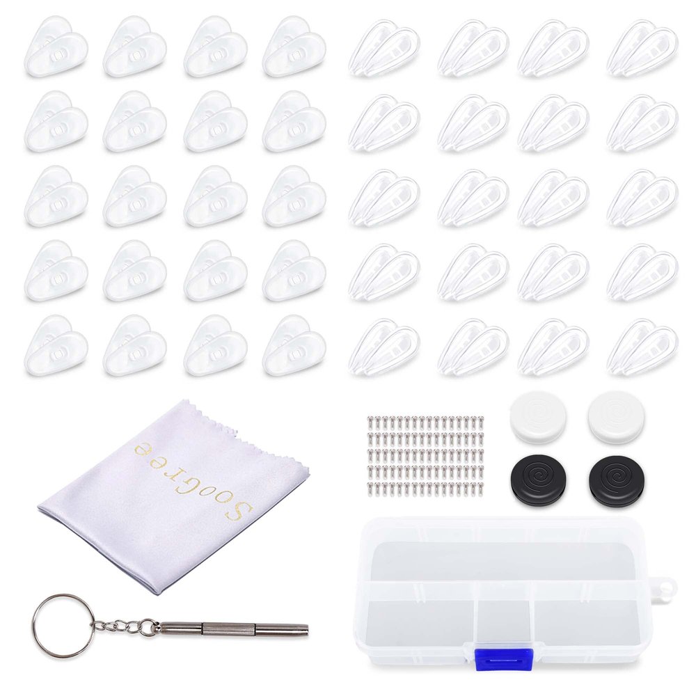 SooGree 20 Pack Small Air Chamber Eyeglass Nose Pads, 20 Hard Silicone Nose Pad, 1 Round Ear Hook Black and 1 White, 1 Glasses Cleaning Cloth, Screw, Screwdriver