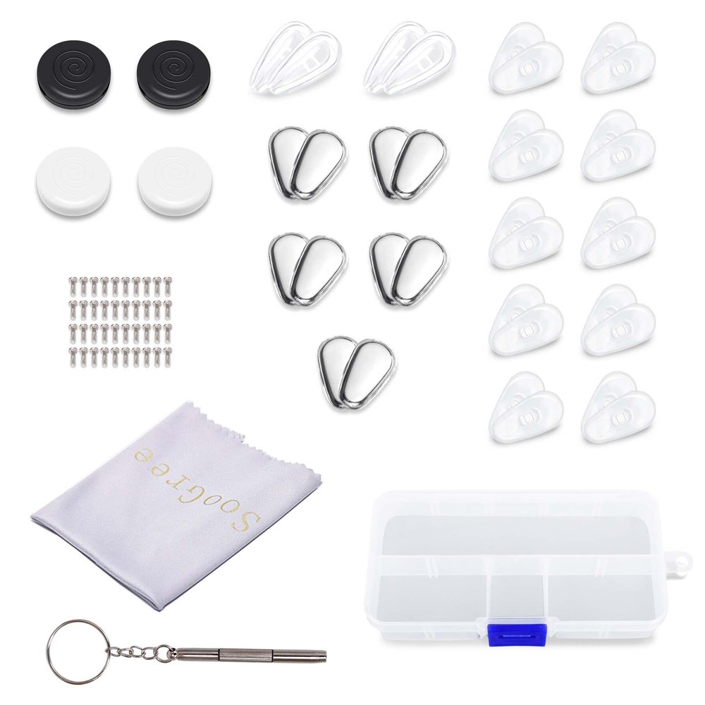 5 Pack Silver Rubber Covered Nose Pads, 2 Small Air Chamber Eyeglass Nose Pads 10 Hard Silicone Nose Pads 1 Black Round Ear Hook,1 Pair White, 1 Piece of Glasses Cleaning Cloth, Screw, Screwdriver