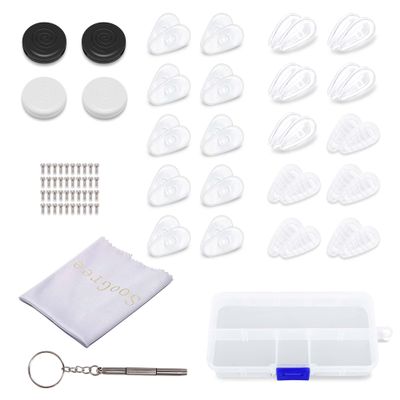 5 Corrugated Air Chamber Eyeglass Nose Pads 5 Small Soft Silicone Air Chamber Nose Pads 10 Hard Silicone Nose Pads 1 Black Round Ear Hook 1 White 1 Glasses Cleaning Cloth Screw Screwdriver