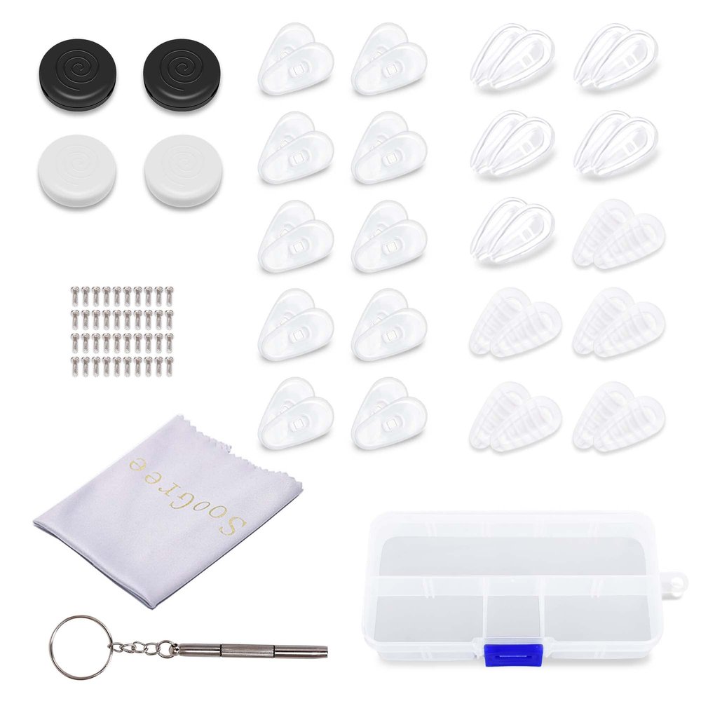 5 Corrugated Air Chamber Eyeglass Nose Pads 5 Small Soft Silicone Air Chamber Nose Pads 10 Hard Silicone Nose Pads 1 Black Round Ear Hook 1 White 1 Glasses Cleaning Cloth Screw Screwdriver