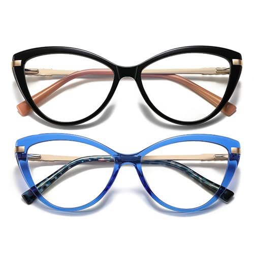 2Pack Fashion Cat Eye Ladies Spring hinge Readers,Blue Light Blocking Computer Reading Glasses for Women (black/blue, 1.75, multiplier_x)