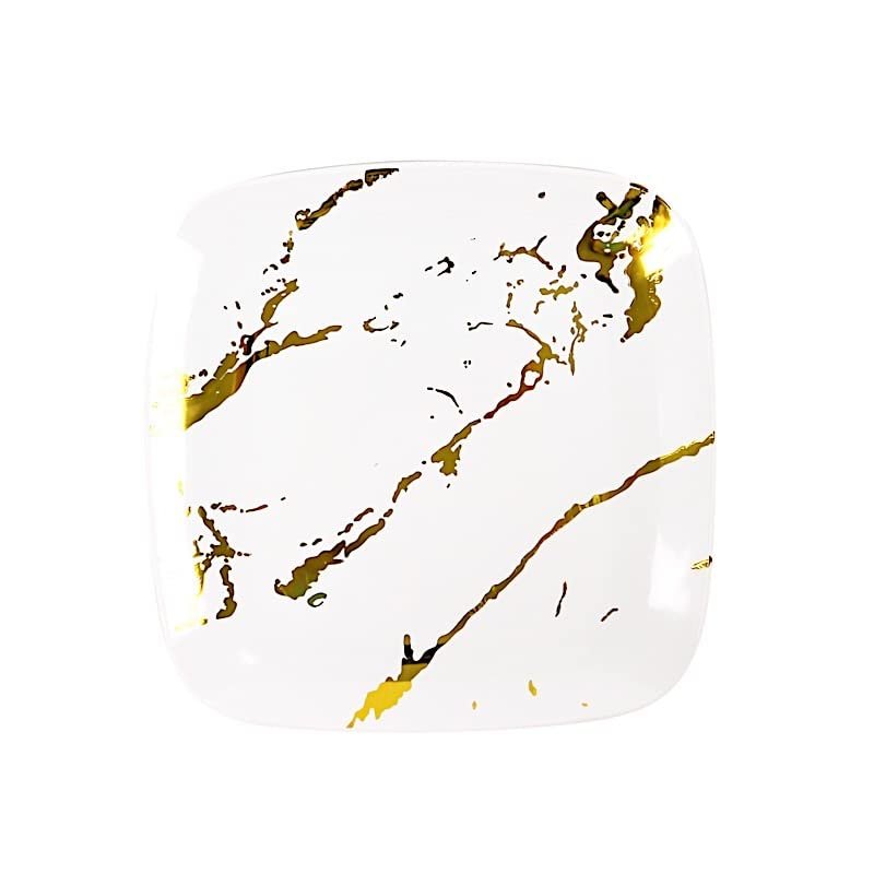 10 White Gold Metallic Marble Square Disposable Salad Dinner Plastic Plates Wedding Party Events Catering Tableware Decorations