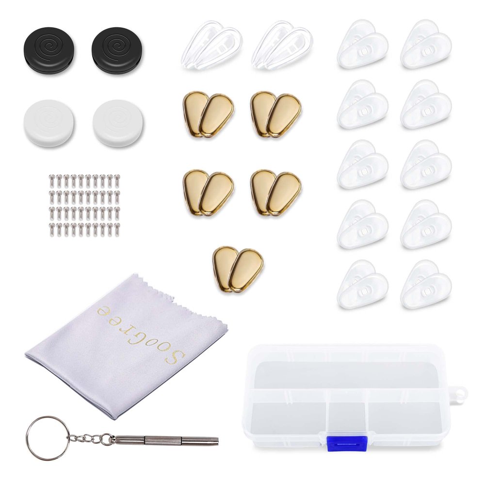 SooGree 5 Pack Gold Rubber Covered Nose Pads, 2 Small Air Bag Nose Bags, 10 Hard Silicone Nose Pads, 1 Round Ear Hook Black and 1 Pair of White, 1 Piece of Glasses Cleaning Cloth, Screw, Screwdriver