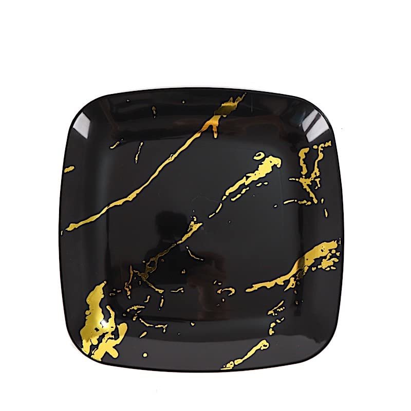 10 Black Gold Metallic Marble Square Disposable Salad Dinner Plastic Plates Wedding Party Events Catering Tableware Decorations