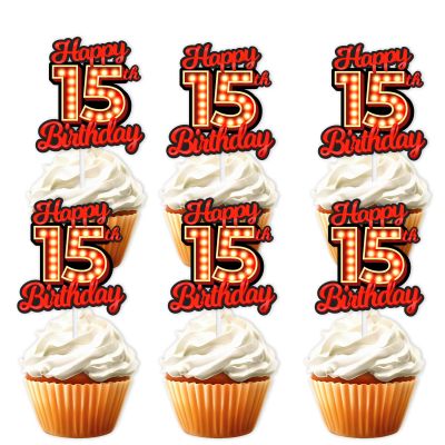 18pcs Happy 15th Birthday Dessert Cupcake Topper Fluorescent Flashing Night Out Hen Movie Nightclub Theme Decor Supplies Boy Girl Happy Birthday Party Decorations Red Glitter
