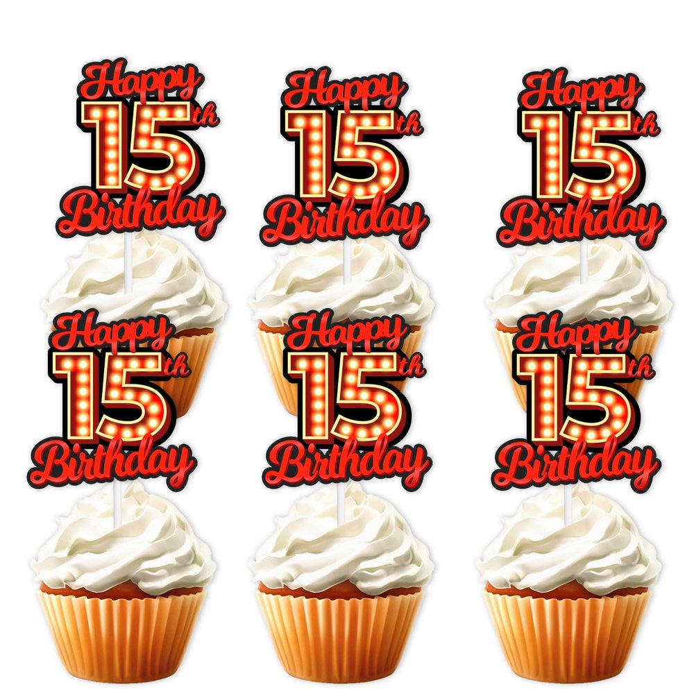 18pcs Happy 15th Birthday Dessert Cupcake Topper Fluorescent Flashing Night Out Hen Movie Nightclub Theme Decor Supplies Boy Girl Happy Birthday Party Decorations Red Glitter