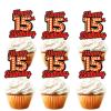 18pcs Happy 15th Birthday Dessert Cupcake Topper Fluorescent Flashing Night Out Hen Movie Nightclub Theme Decor Supplies Boy Girl Happy Birthday Party Decorations Red Glitter view 1
