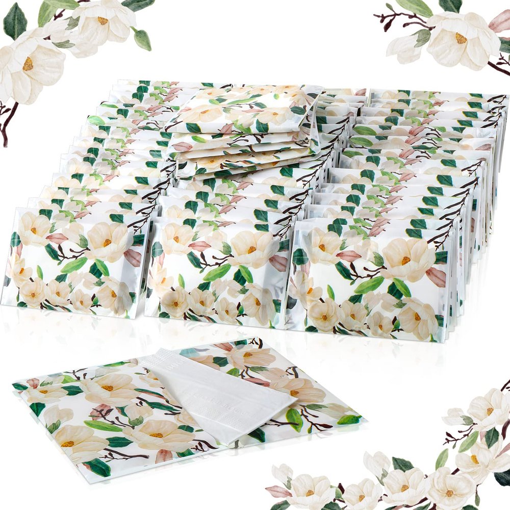 Geyee 50 Packs Tissue Travel Size Facial Paper Napkins Travel Packs Disposable Pocket Tissues for Wedding Guest Traveling School Purse Home Supplies, 500 Sheets 3 Ply(Magnolia)