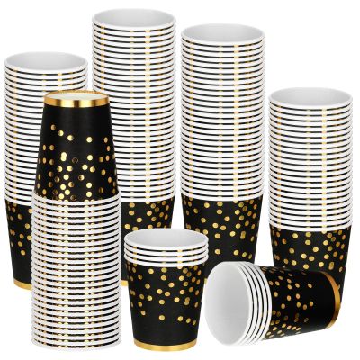 Eaasty 200 Pcs Black Gold Foil Paper Cups 9 oz Disposable Coffee Cups for Hot or Cold Drinks Tea for Graduation Wedding Anniversary Rose Baby Shower Party Supplies