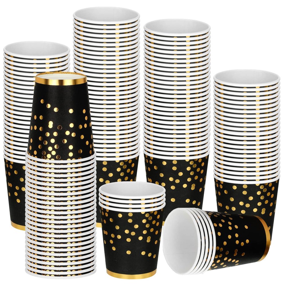 Eaasty 200 Pcs Black Gold Foil Paper Cups 9 oz Disposable Coffee Cups for Hot or Cold Drinks Tea for Graduation Wedding Anniversary Rose Baby Shower Party Supplies
