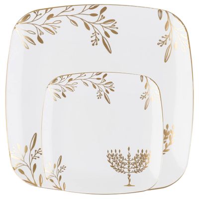 Combo Set 7" inch Salad Plates & 10" inch Square Plastic Plates Heavy Duty Hanukkah Dinner Plates with White Gold Chanukah Design Hanukkah Party Disposable China Like Plastic Dessert Plate (96 PACK)