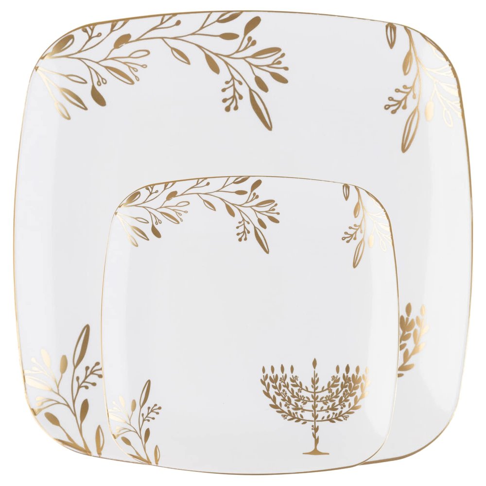 Combo Set 7" inch Salad Plates & 10" inch Square Plastic Plates Heavy Duty Hanukkah Dinner Plates with White Gold Chanukah Design Hanukkah Party Disposable China Like Plastic Dessert Plate (96 PACK)