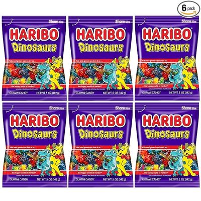 Haribo Dinosaurs Pack of 6 (5oz Bags) Variety of Fruit Flavors Gummy Candy for Movie Theaters, Halloween and Easter in a King of Sweets Bulk Bag