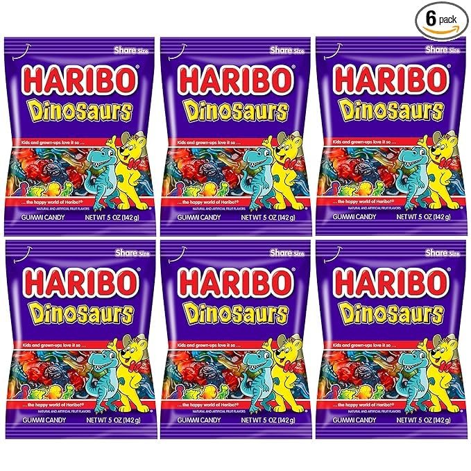 Haribo Dinosaurs Pack of 6 (5oz Bags) Variety of Fruit Flavors Gummy Candy for Movie Theaters, Halloween and Easter in a King of Sweets Bulk Bag